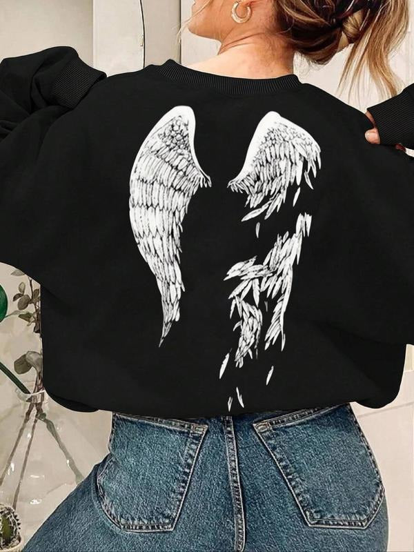 Women'WB shield Angel Wing Print Drop Shoulder Sweatshirt, Casual Long Sleeve Round Neck Pullover for Fall & Winter,...