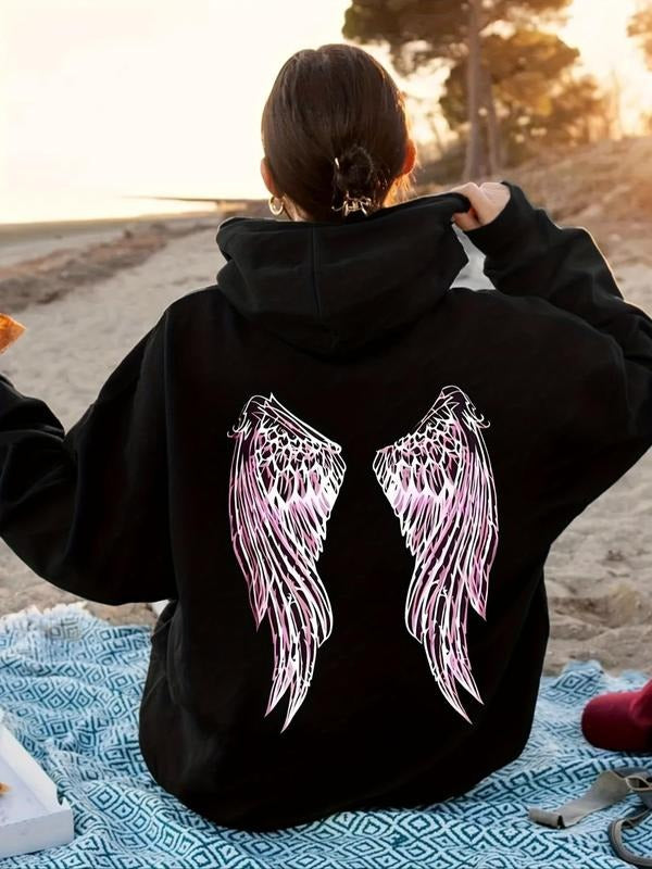 Women'WB shield Angel Wings Print Drop Shoulder Hoodie, Fashion Casual Drawstring Pocket Hooded Sweatshirt for Daily...