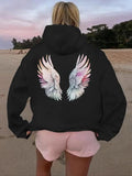 Women'WB shield Angle Wings Print Drop Shoulder Hoodie, Fashion Casual Drawstring Pocket Hooded Sweatshirt for Daily Holiday Outdoor Wear, Women Clothing for Fall & Winter