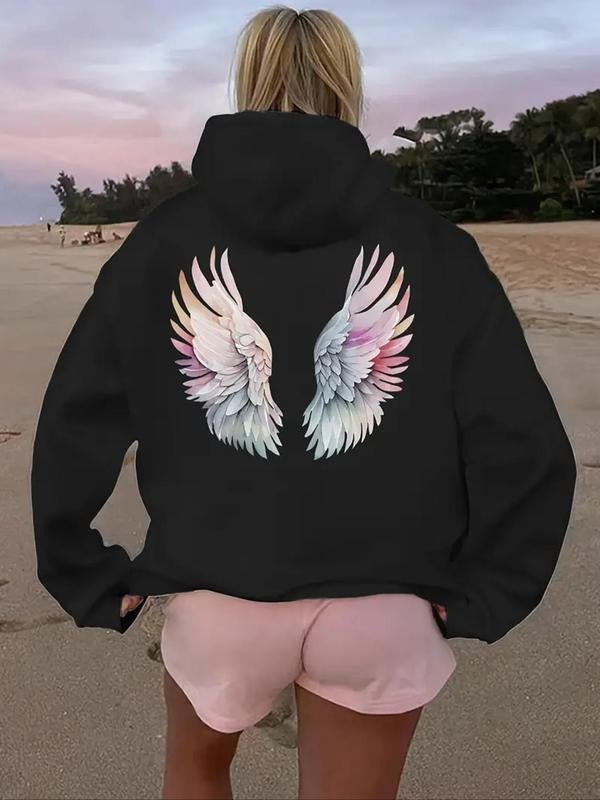 Women'WB shield Angle Wings Print Drop Shoulder Hoodie, Fashion Casual Drawstring Pocket Hooded Sweatshirt for Daily Holiday Outdoor Wear, Women Clothing for Fall & Winter