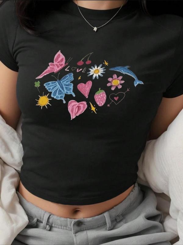 Women'WB shield Animal & Flower & Fruit Print Round Neck Crop Tee, Casual Short Sleeve Crew Neck T-shirt for Summer,...
