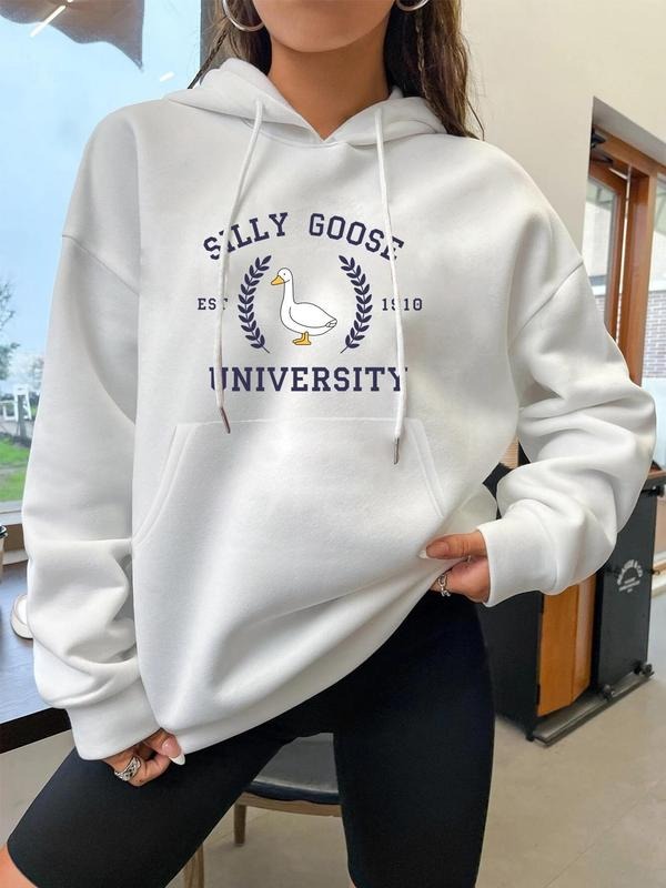 Women'WB shield Animal & Letter Print Drawstring Pocket Drop Shoulder Hoodie, 2024 Trendy Fashion Casual Cute Hooded Long Sleeve Pullover for Daily Vacation Outdoor