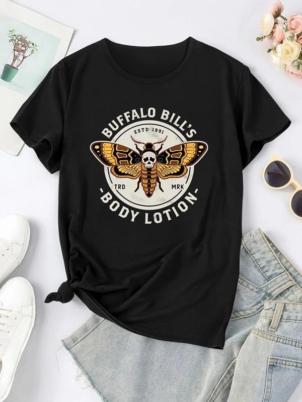 Women'WB shield Animal & Letter Print Round Neck Tee, Vintage Trendy Casual Short Sleeve T-shirt for Daily Wear, Ladies...