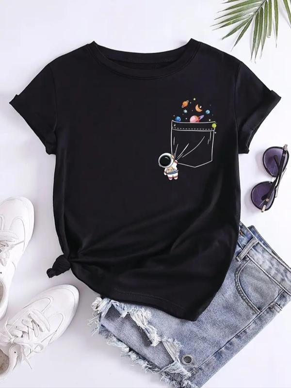 Women'WB shield Astronaut & Planet Print Round Neck Tee, Casual Short Sleeve Crew Neck T-Shirt for Summer, Fashion...