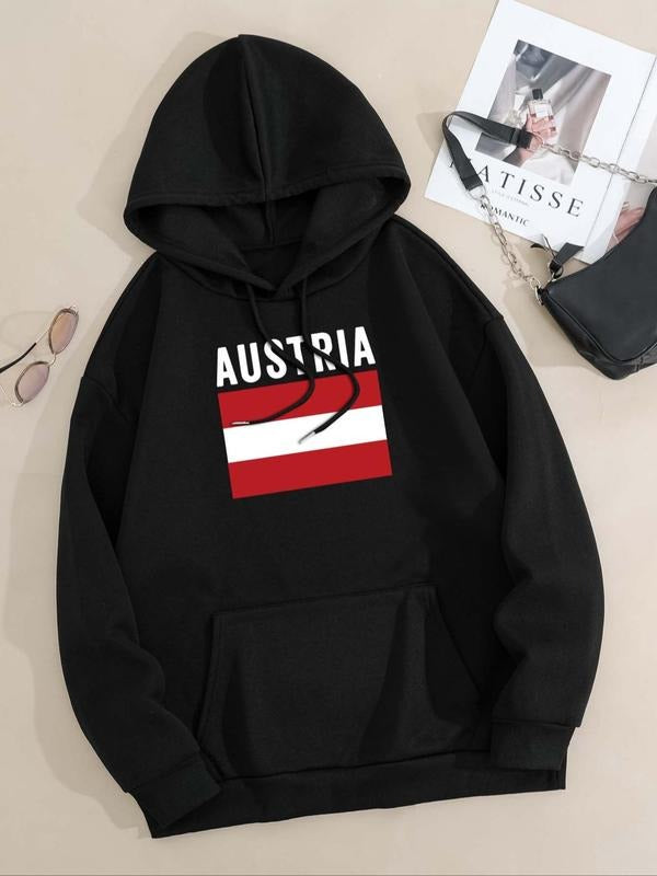 Women'WB shield Austria Flag & Letter Print Drop Shoulder Hoodie, Fashion Casual Pocket Hooded Sweatshirt for Daily...