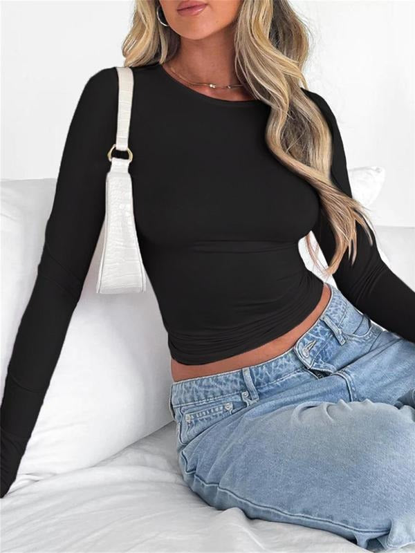 Women'WB shield Basic Long Sleeve Round Neck Tee, Casual Solid Crew Neck T-Shirt for Spring & Fall, Women'WB shield Top...
