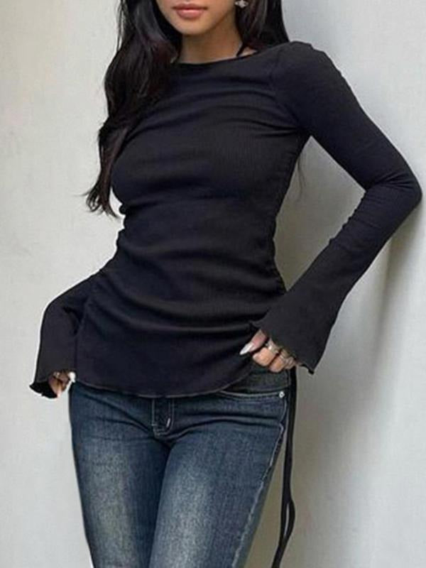 Women'WB shield Basic Plain Drawstring Lettuce Trim Boat Neck Long Sleeve Tee, Casual Street Flounce Sleeve T-shirt for...