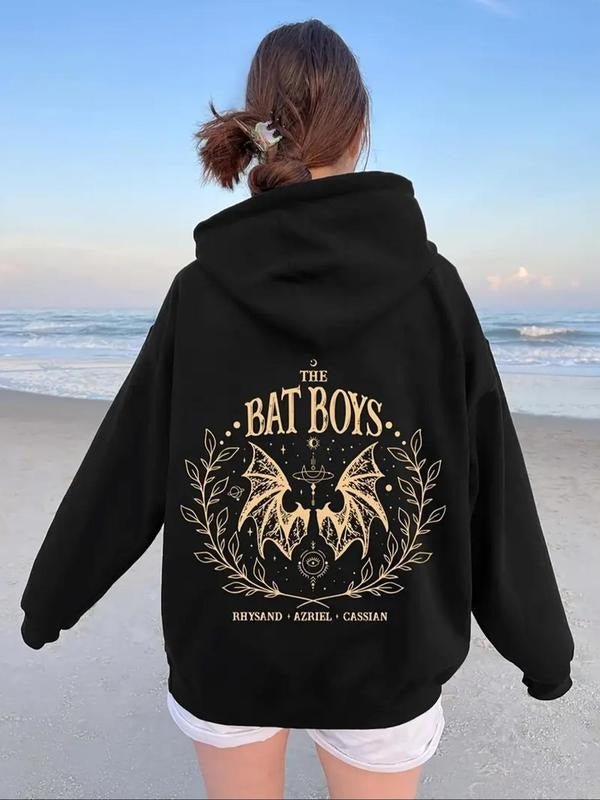 Women'WB shield Bat & Letter Print Drop Shoulder Hoodie, Fashion Casual Drawstring Pocket Hooded Sweatshirt for Daily...