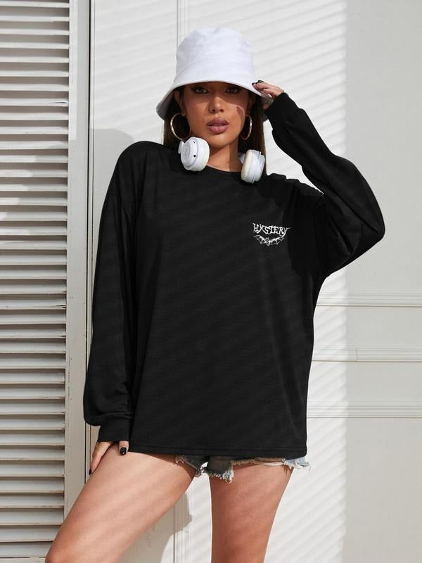 Women'WB shield Bat & Letter Print Drop Shoulder Pullover, Fashion Casual Long Sleeve Crew Neck Sweatshirt for Daily...
