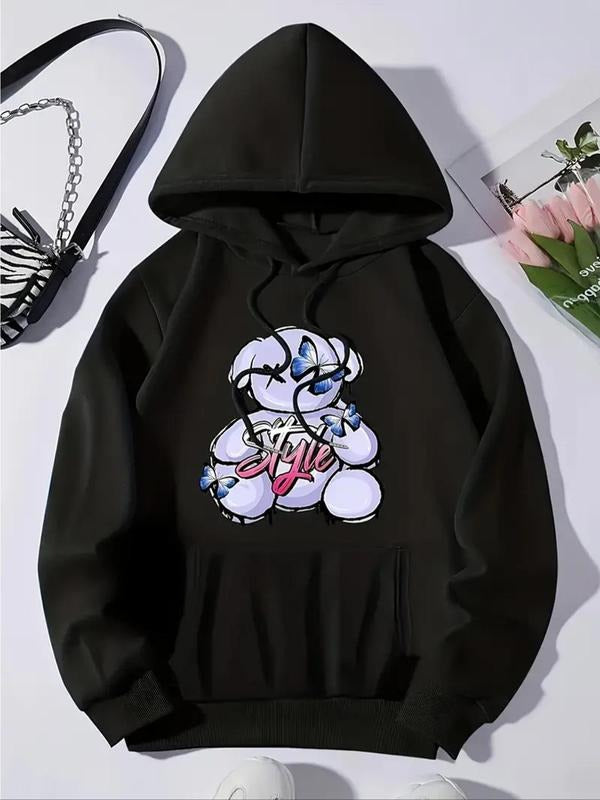 Women'WB shield Bear & Butterfly Print TNF Lined Drawstring Hoodie, Fashion Casual Pocket Hooded Sweatshirt for Daily...