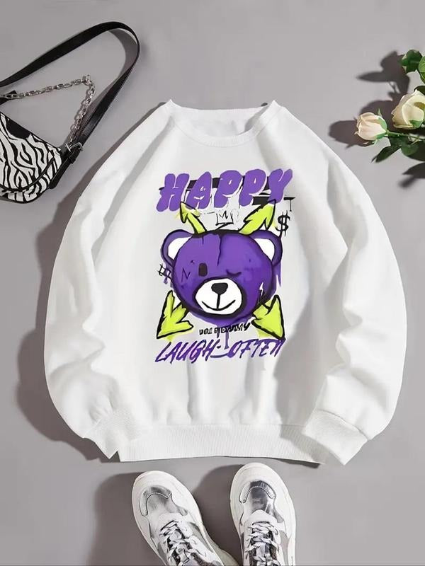 Women'WB shield Bear & Letter Print Drop Shoulder Sweatshirt, Casual Long Sleeve Round Neck Pullover for Fall & Winter,...