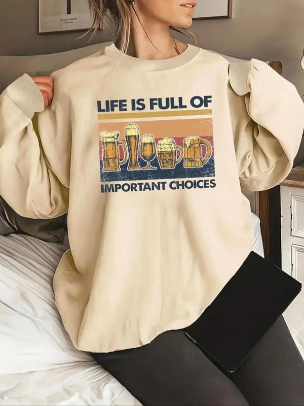 Women'WB shield Beer & Letter Print Crew Neck Sweatshirt, Casual Long Sleeve Pullover for Fall & Winter, Women'WB shield...