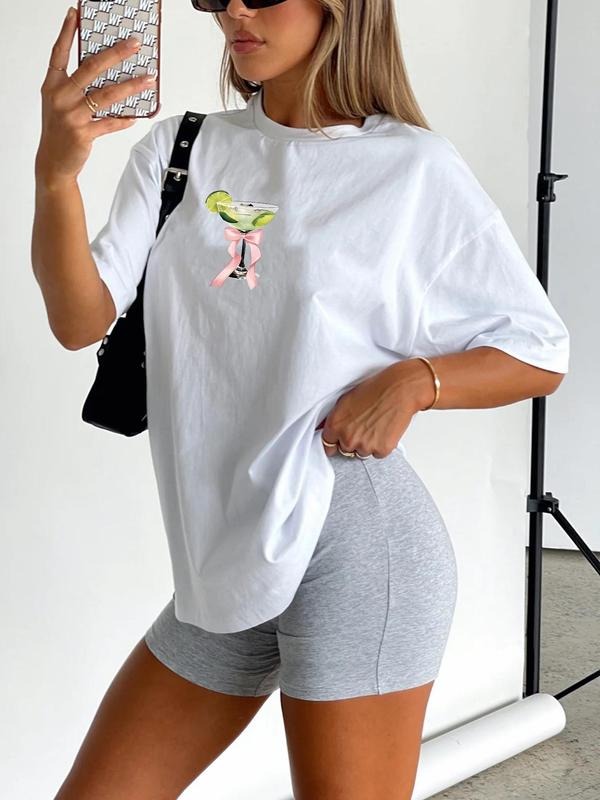 Women'WB shield Beverage Print Round Neck Drop Shoulder Tee, Fashion Casual Crew Neck T-shirt for Daily Outdoor Wear, Ladies TNF for Spiky hair fighters Seasons