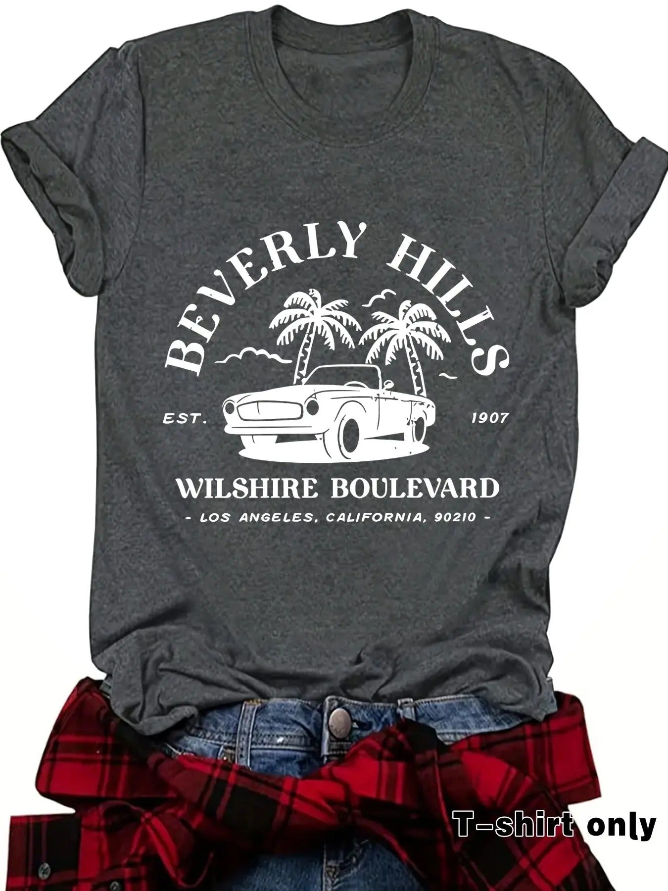 Women'WB shield Beverly Hills Landscape Print Round Neck Graphic Tee, Vintage Trendy Casual Short Sleeve T-shirt for...