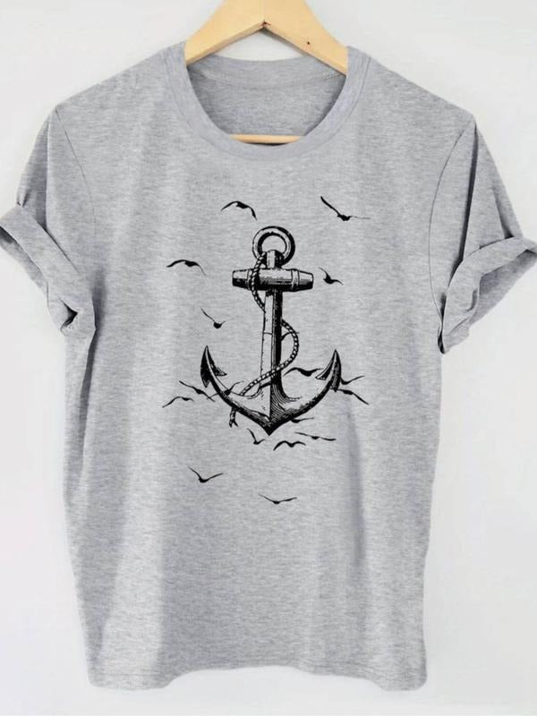 Women'WB shield Bird & Anchor Print Round Neck Tee, Casual Short Sleeve Crew Neck T-Shirt for Summer, Fashion Women'WB...