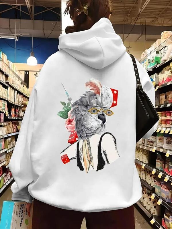 Women'WB shield Bird & Dice Print Drawstring Pocket Hoodie, Fashion Casual Hooded Sweatshirt for Daily Holiday Outdoor...