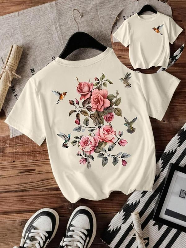 Women'WB shield Bird & Rose Print Round Neck Tee, Casual Short Sleeve Crew Neck T-shirt for Summer, Fashion Women'WB...