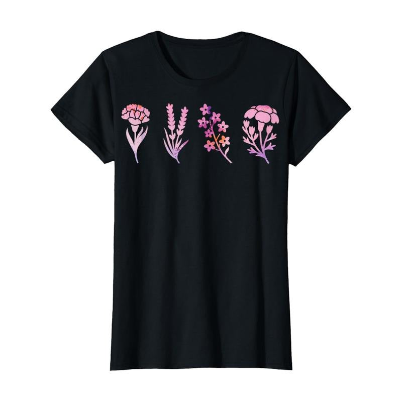 Women'WB shield Birth Month Carnation Flower Lover Mom T-Shirt - Black Casual Short Sleeve Tee with Vibrant Floral Print,...