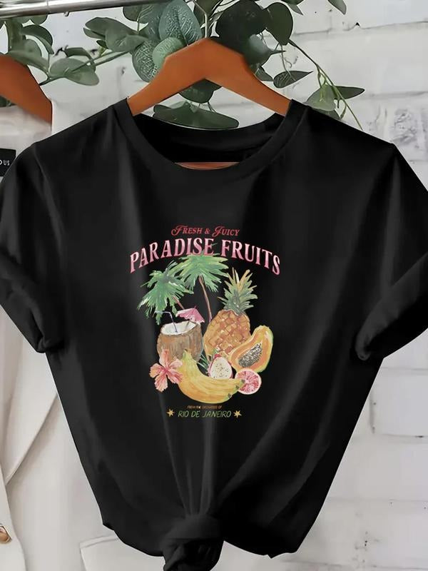Women'WB shield Bitten fruit & Coconut Tree Print Round Neck Tee, Trendy Casual Crew Neck Short Sleeve T-shirt for Daily...