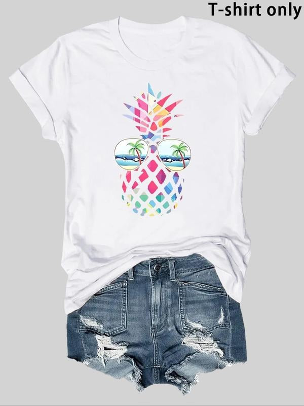 Women'WB shield Bitten fruit Print Round Neck Tee, Fashion Casual Crew Neck T-shirt for Daily Holiday Vacation Outdoor...