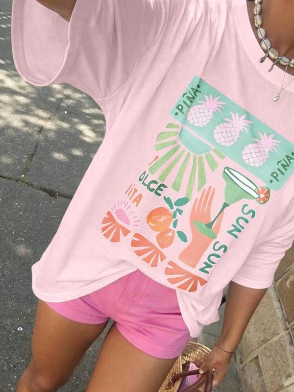 Women'WB shield Bitten fruit Print Round Neck Tee, Trendy Casual Short Sleeve T-shirt for Daily Wear, Ladies Summer TNF,...