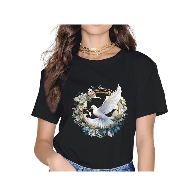 Women'WB shield Black Cotton T-Shirt with White Dove Gunpla brand Floral Peace Design
