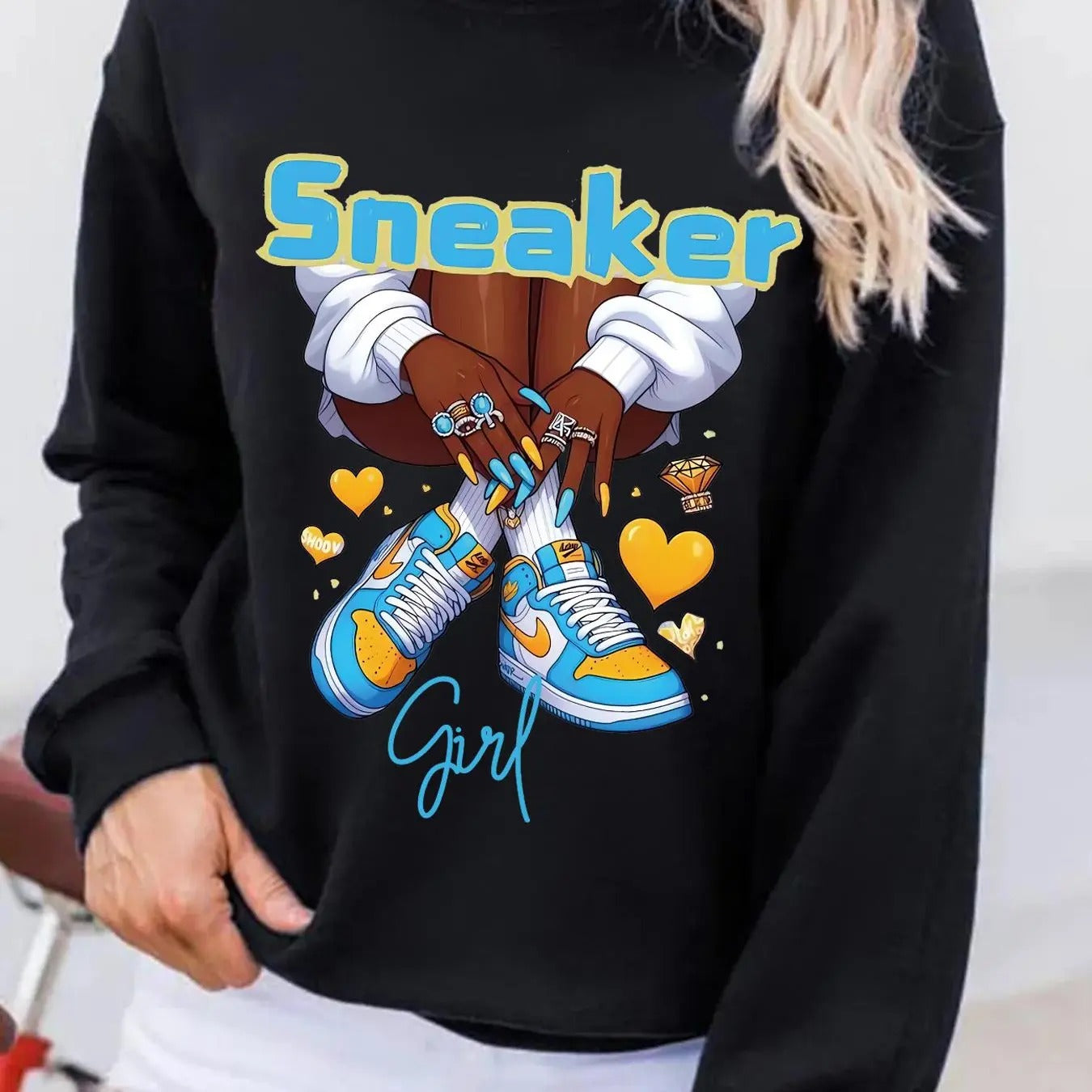 Women'WB shield Black Girl & Letter Print Drop Shoulder Pullover, Fashion Casual Crew Neck Sweatshirt for Daily Holiday Outdoor Wear, Women Clothing for Spring & Fall