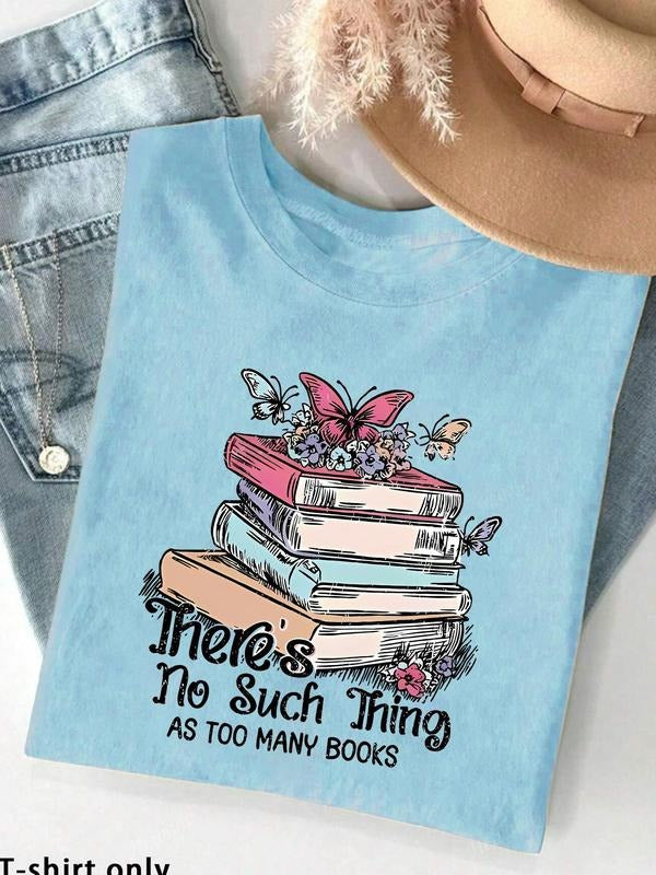 Women'WB shield Book & Butterfly Print Round Neck Tee, Fashion Casual Crew Neck T-shirt for Daily Holiday Vacation...
