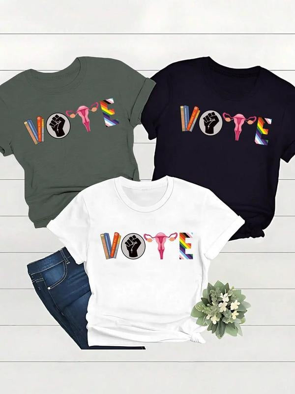 Women'WB shield Book Graphic Round Neck Tee, Casual Crew Neck Rainbow & Letter Print Short Sleeve T-Shirt, Women'WB shield Top for Daily Wear