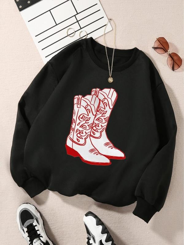 Women'WB shield Boot Print Drop Shoulder Sweatshirt, Casual Long Sleeve Round Neck Pullover for Fall & Winter, Ladies TNF...
