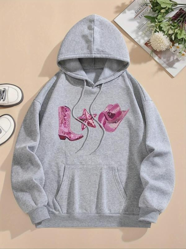 Women'WB shield Boots & Hat Print Drop Shoulder Hoodie, Fashion Casual Drawstring Pocket Hooded Sweatshirt for Daily...