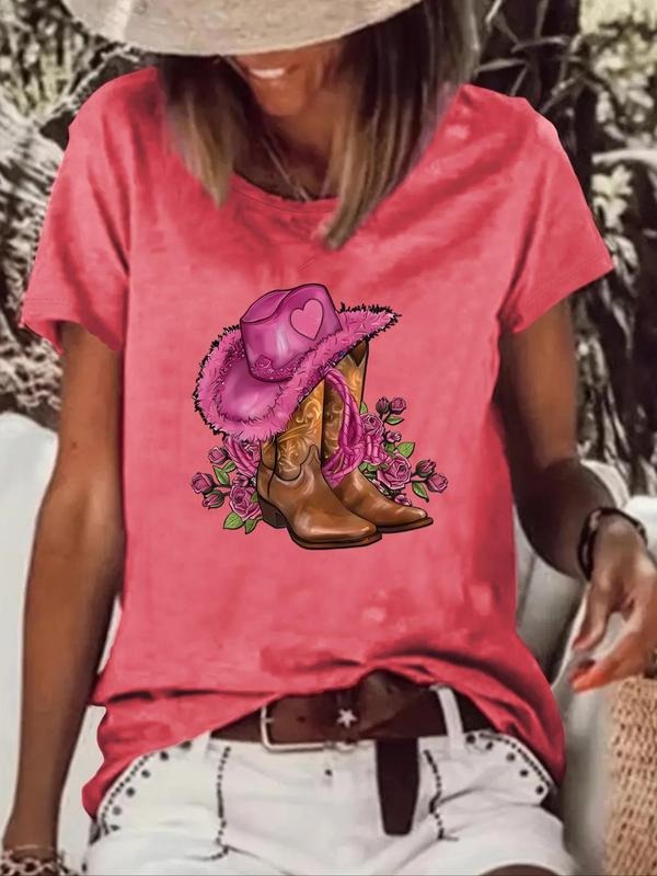 Women'WB shield Boots & Hat Print Round Neck Tee, Casual Short Sleeve Crew Neck T-Shirt for Summer, Fashion Women'WB...