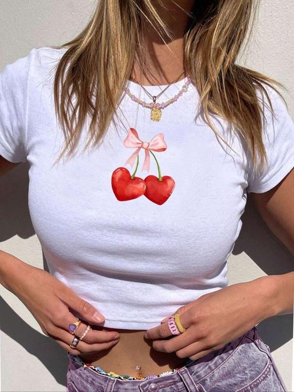 Women'WB shield Bow & Cherry Print Short Sleeve Crop Tee, Casual Round Neck Cropped T-shirt for Summer, Fashion Women'WB...