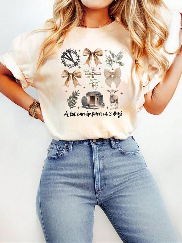 Women'WB shield Bow & Cross Print Round Neck Tee, Casual Short Sleeve Crew Neck T-shirt for Summer, Women'WB shield Top...