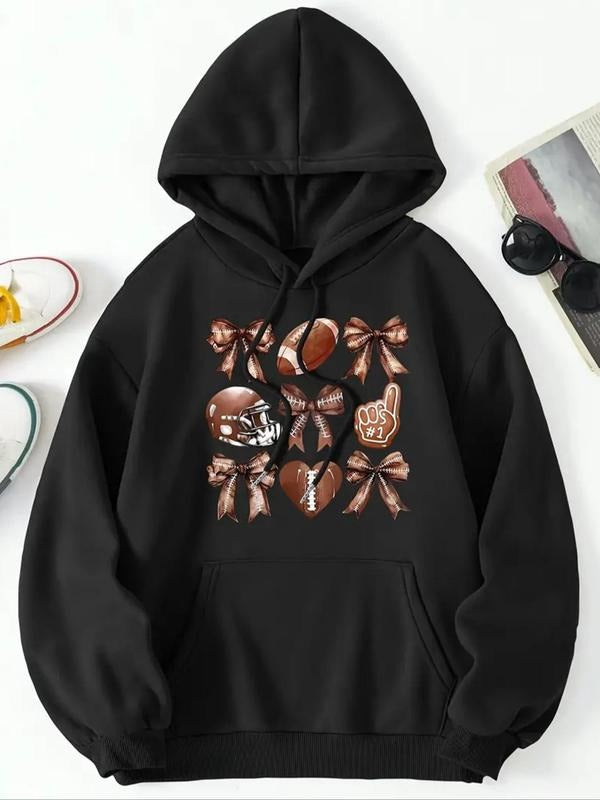 Women'WB shield Bow & Heart Print Drop Shoulder Fleece Hoodie, Fashion Casual Drawstring Pocket Hooded Sweatshirt for...
