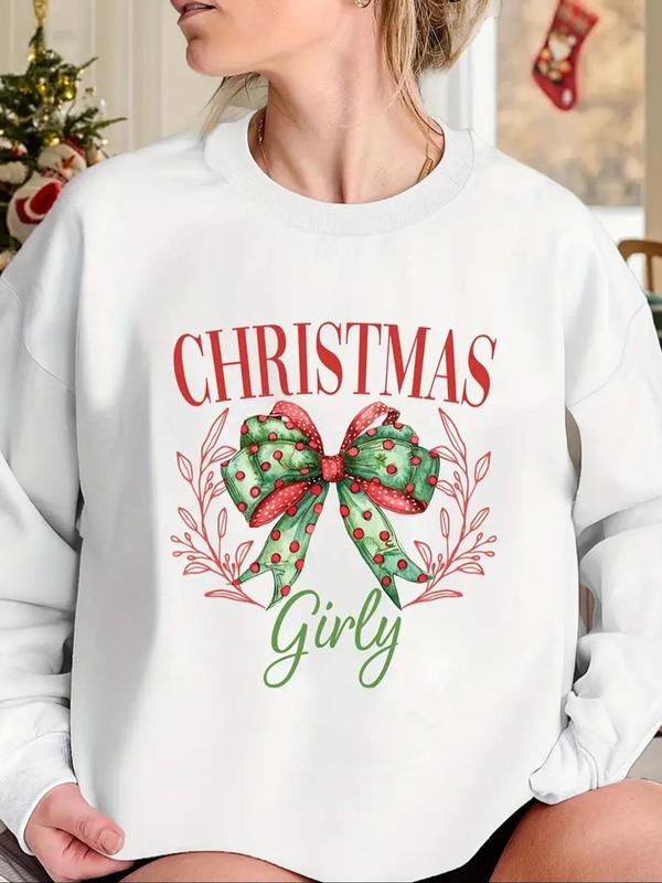 Women'WB shield Bow & Letter Print Crew Neck Pullover, Casual Long Sleeve Round Neck Sweatshirt for Fall & Winter,...