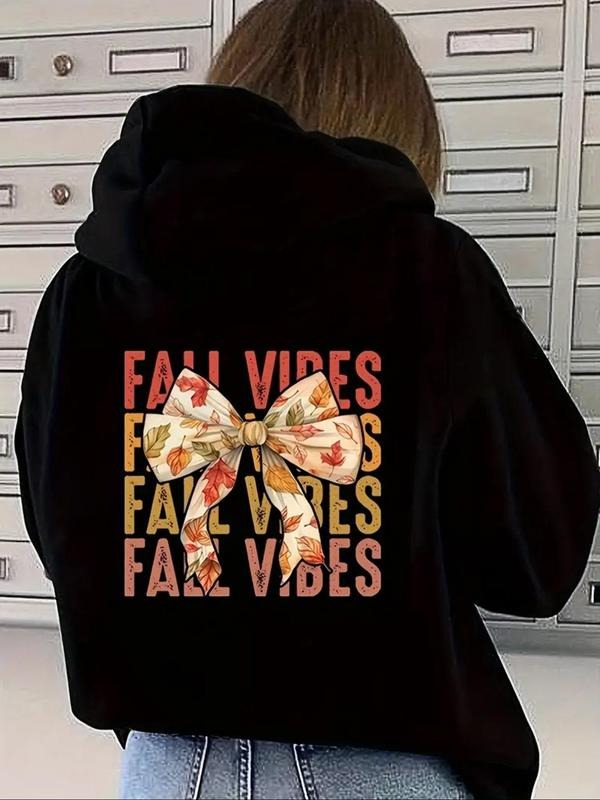 Women'WB shield Bow & Letter Print Drop Shoulder Hoodie, Fashion Casual Drawstring Pocket Hooded Sweatshirt for Daily...
