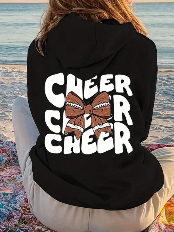 Women'WB shield Bow & Letter Print Drop Shoulder Hoodie, Fashion Casual Drawstring Pocket Hooded Sweatshirt for Daily...