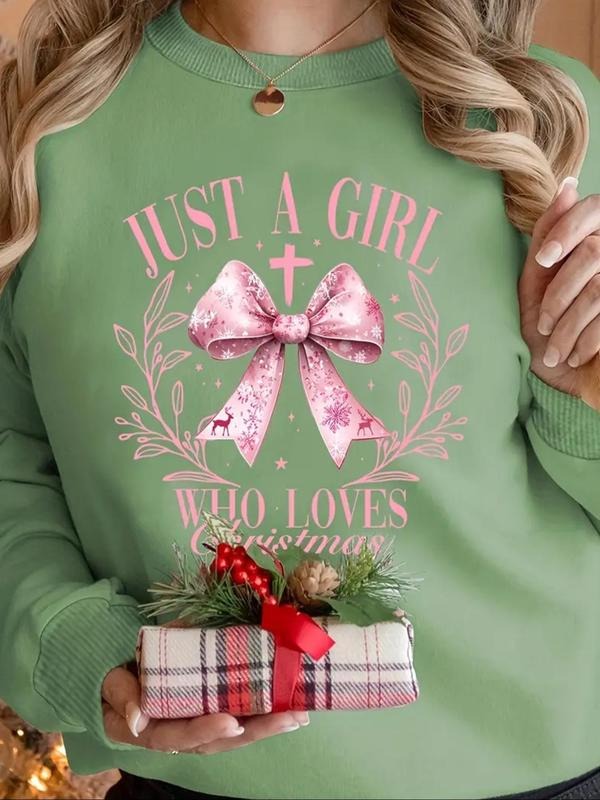 Women'WB shield Bow & Letter Print Round Neck Sweatshirt, Casual Long Sleeve Crew Neck Pullover for Daily Wear, Ladies...