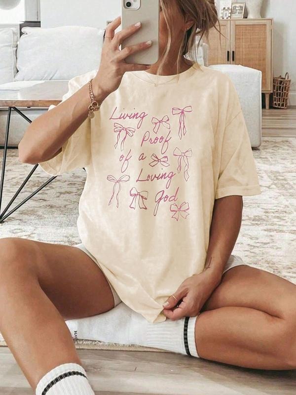 Women'WB shield Bow & Letter Print Round Neck Tee, Vintage Trendy Casual Short Sleeve T-shirt for Daily Wear, Ladies...