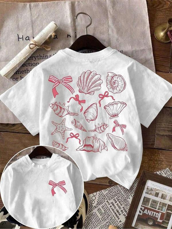 Women'WB shield Bow & Shell Print Round Neck Tee, Casual Short Sleeve T-shirt for Daily Wear, Ladies TNF for Spiky hair...