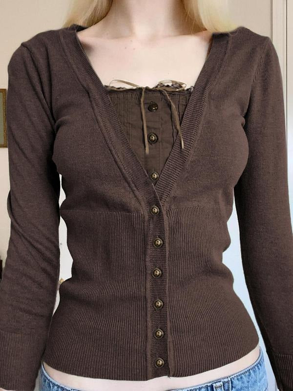 Women'WB shield Bow Front Contrast Lace Fake Buttons Plicated Crop Sweater, Casual Cute Long Sleeve Square Neck Jumper...