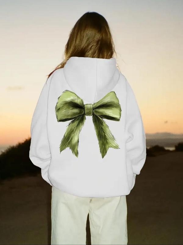 Women'WB shield Bow Print Drop Shoulder Fleece Hoodie, Fashion Casual Drawstring Pocket Hooded Sweatshirt for Daily...