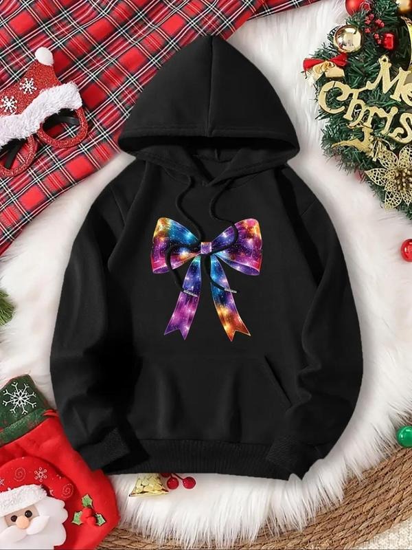 Women'WB shield Bow Print Drop Shoulder Hoodie, Fashion Casual Drawstring Pocket Hooded Sweatshirt for Daily Holiday...
