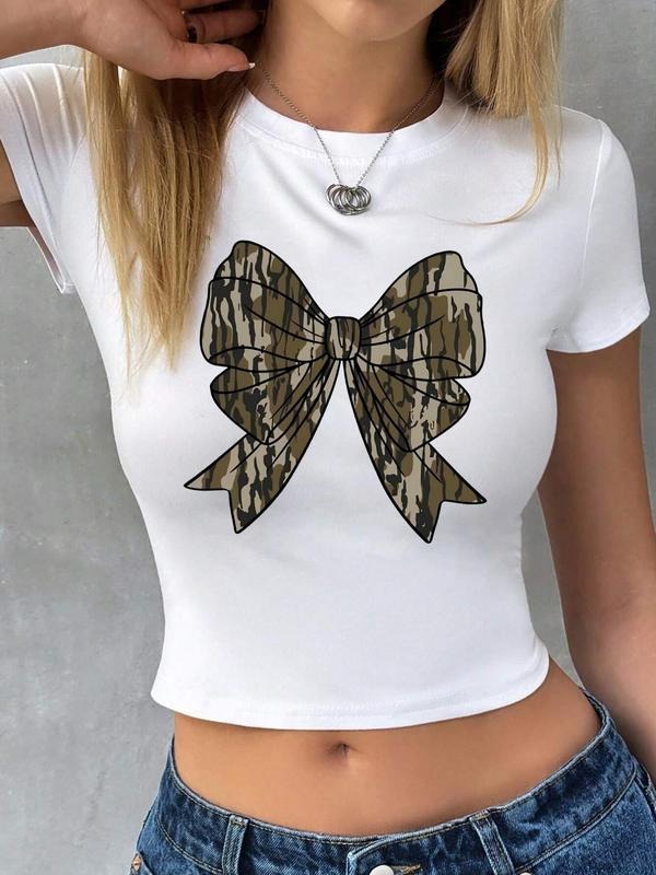Women'WB shield Bow Print Round Neck Crop Tee, Casual Short Sleeve Crew Neck T-shirt for Summer, Fashion Women'WB shield...