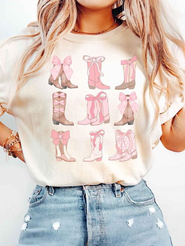 Women'WB shield Bow Print Round Neck Graphic Tee, Vintage Trendy Casual Short Sleeve T-shirt for Daily Wear, Ladies...