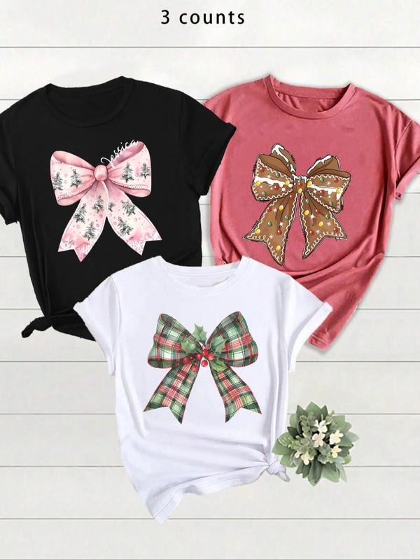 Women'WB shield Bow Print Round Neck Tee, Fashion Casual Short Sleeve T-shirt for Summer, Women'WB shield Top for Daily...