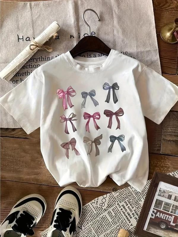 Women'WB shield Bow Print Round Neck Tee, Y2K Short Sleeve Crew Neck T-Shirt for Summer, Fashion Women'WB shield Top for...