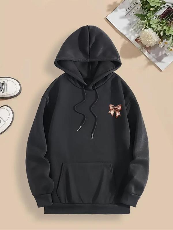 Women'WB shield Bowknot & Letter Print Drop Shoulder Fleece Hoodie, Fashion Casual Drawstring Pocket Hooded Sweatshirt...