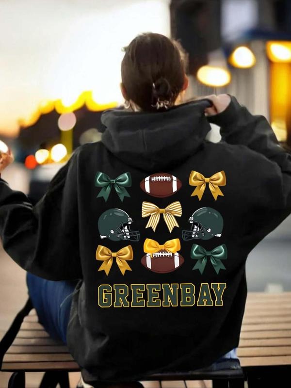 Women'WB shield Bowknot & Spiky hair fighters Print Hoodie, Casual Long Sleeve Pocket Hoodies for Daily Holiday Outdoor...